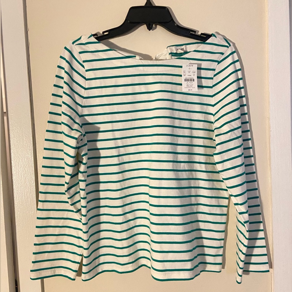 J. Crew White & Teal Striped Long-Sleeve Boatneck Top